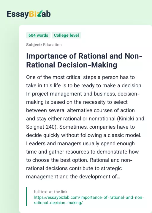 Importance of Rational and Non-Rational Decision-Making - Essay Preview