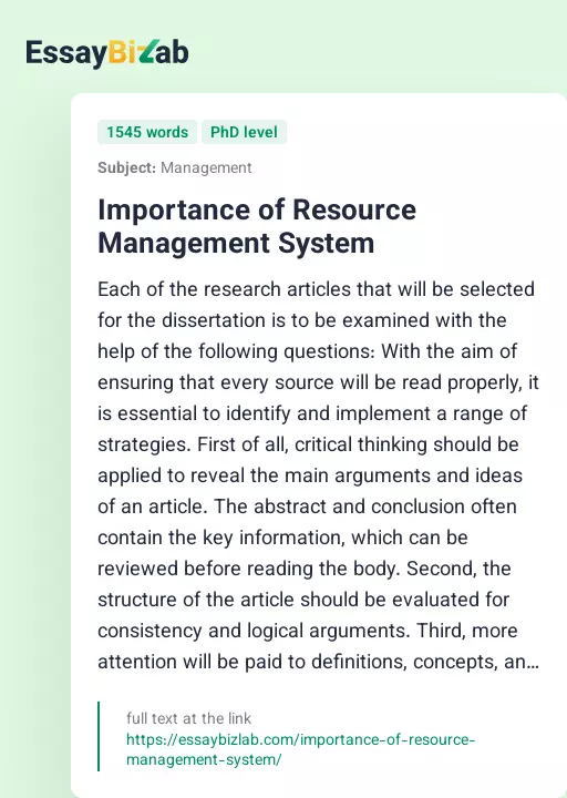 Importance of Resource Management System - Essay Preview