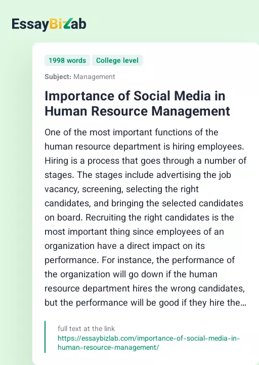 Importance of Social Media in Human Resource Management - Essay Preview