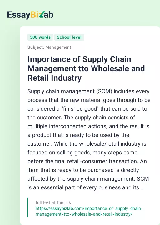 Importance of Supply Chain Management tto Wholesale and Retail Industry - Essay Preview