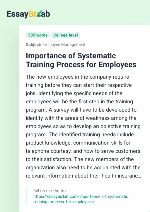 Importance of Systematic Training Process for Employees - Essay Preview