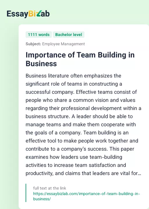 Importance of Team Building in Business - Essay Preview