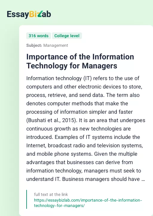Importance of the Information Technology for Managers - Essay Preview