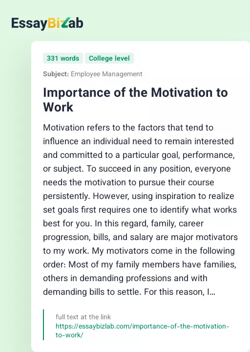 Importance of the Motivation to Work - Essay Preview