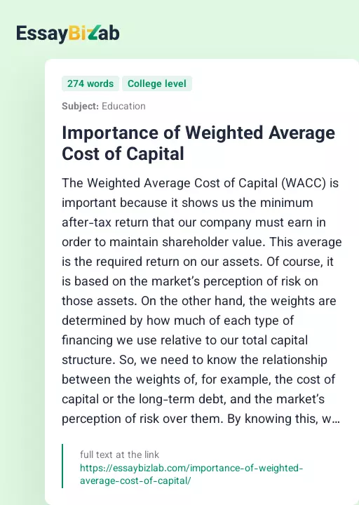 Importance of Weighted Average Cost of Capital - Essay Preview