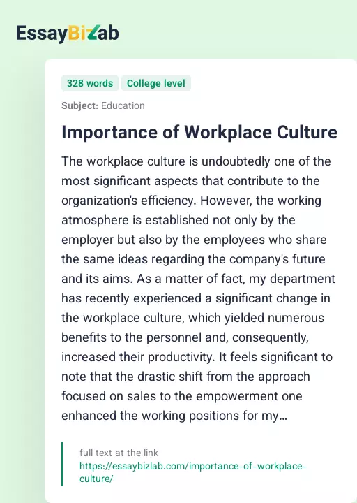 Importance of Workplace Culture - Essay Preview