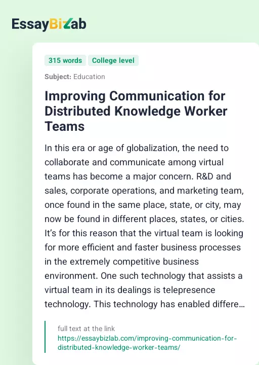 Improving Communication for Distributed Knowledge Worker Teams - Essay Preview