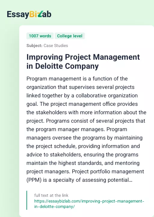 Improving Project Management in Deloitte Company - Essay Preview