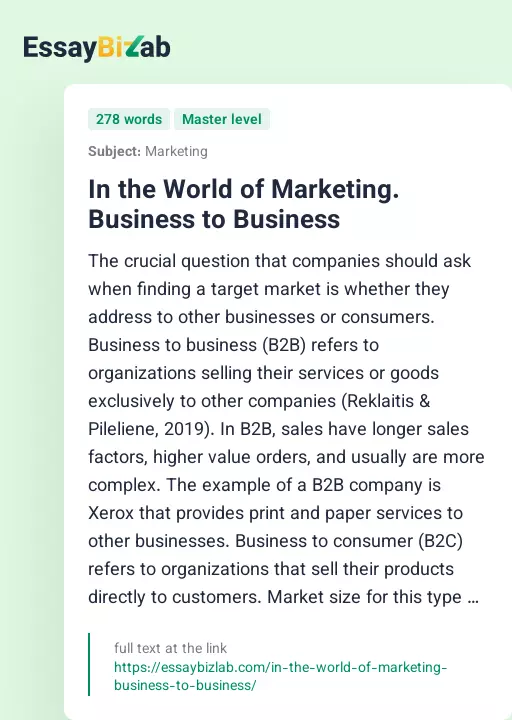 In the World of Marketing. Business to Business - Essay Preview