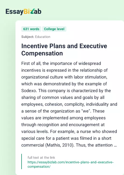Incentive Plans and Executive Compensation - Essay Preview