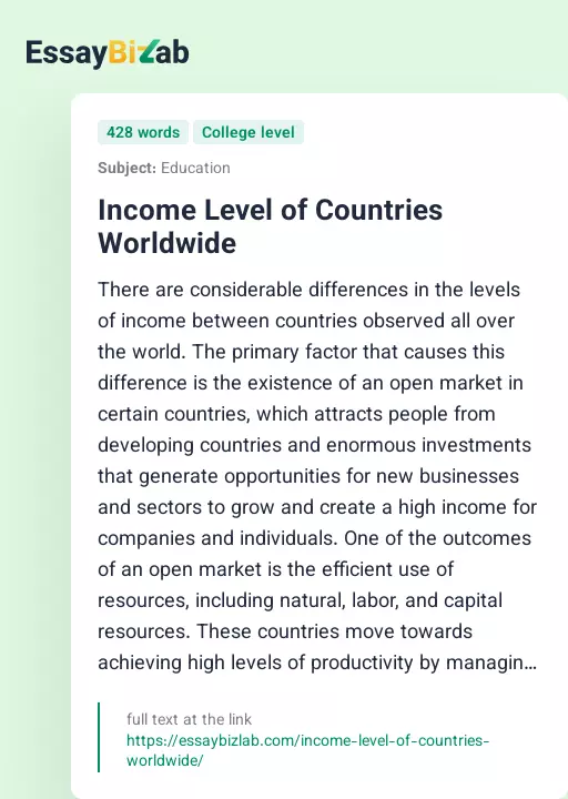 Income Level of Countries Worldwide - Essay Preview