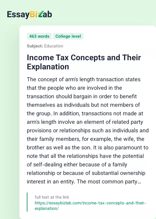 Income Tax Concepts and Their Explanation - Essay Preview