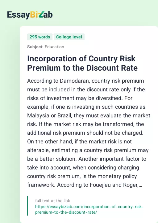 Incorporation of Country Risk Premium to the Discount Rate - Essay Preview