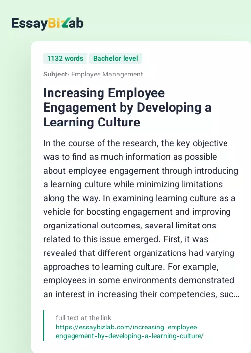 Increasing Employee Engagement by Developing a Learning Culture - Essay Preview