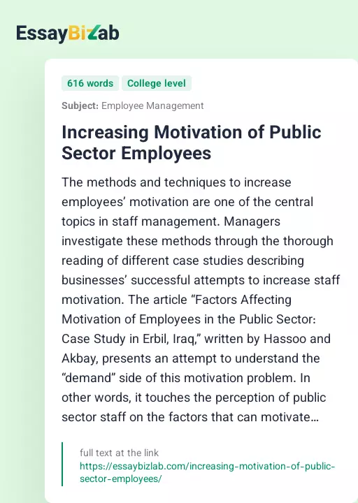 Increasing Motivation of Public Sector Employees - Essay Preview