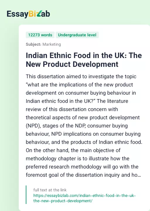 Indian Ethnic Food in the UK: The New Product Development - Essay Preview