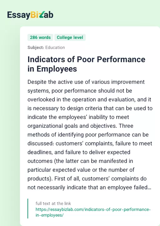 Indicators of Poor Performance in Employees - Essay Preview