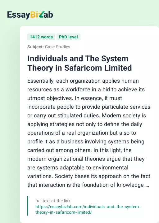 Individuals and The System Theory in Safaricom Limited - Essay Preview