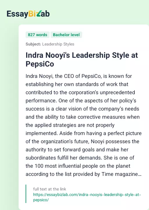 Indra Nooyi's Leadership Style at PepsiCo - Essay Preview