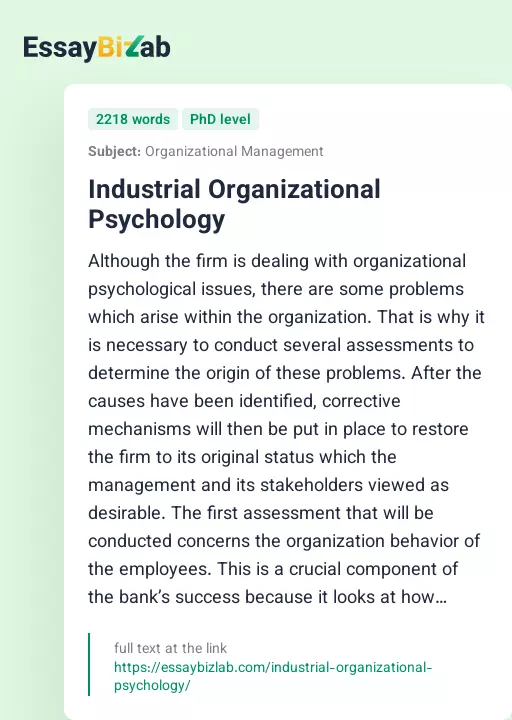 Industrial Organizational Psychology - Essay Preview
