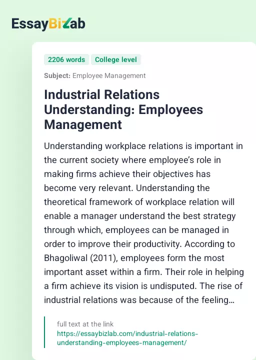 Industrial Relations Understanding: Employees Management - Essay Preview