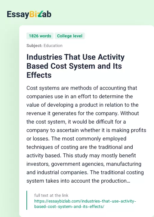 Industries That Use Activity Based Cost System and Its Effects - Essay Preview