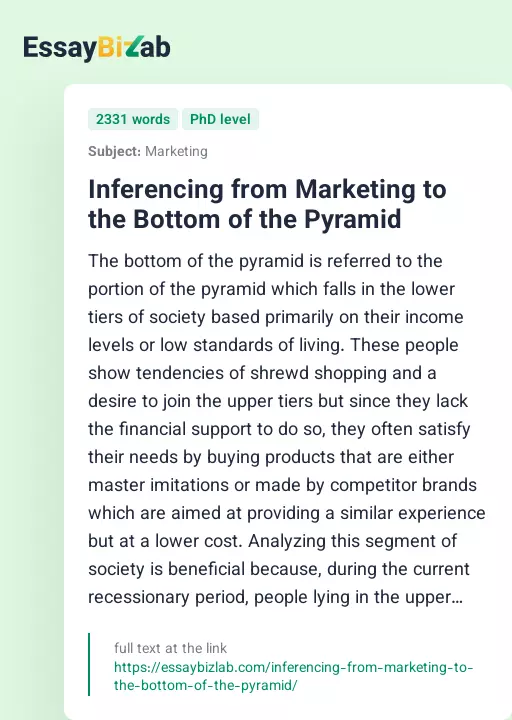 Inferencing from Marketing to the Bottom of the Pyramid - Essay Preview