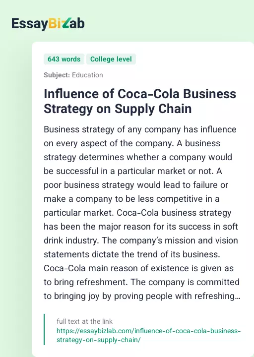 Influence of Coca-Cola Business Strategy on Supply Chain - Essay Preview