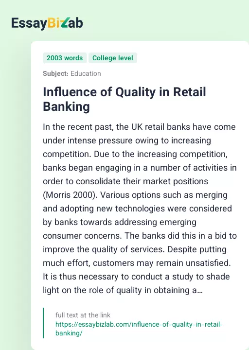 Influence of Quality in Retail Banking - Essay Preview