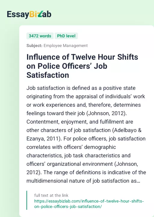 Influence of Twelve Hour Shifts on Police Officers’ Job Satisfaction - Essay Preview