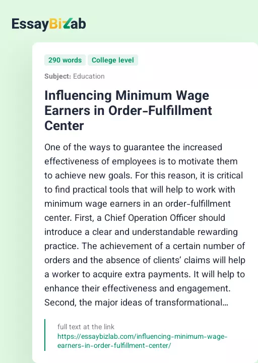 Influencing Minimum Wage Earners in Order-Fulfillment Center - Essay Preview