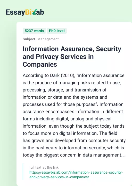 Information Assurance, Security and Privacy Services in Companies - Essay Preview