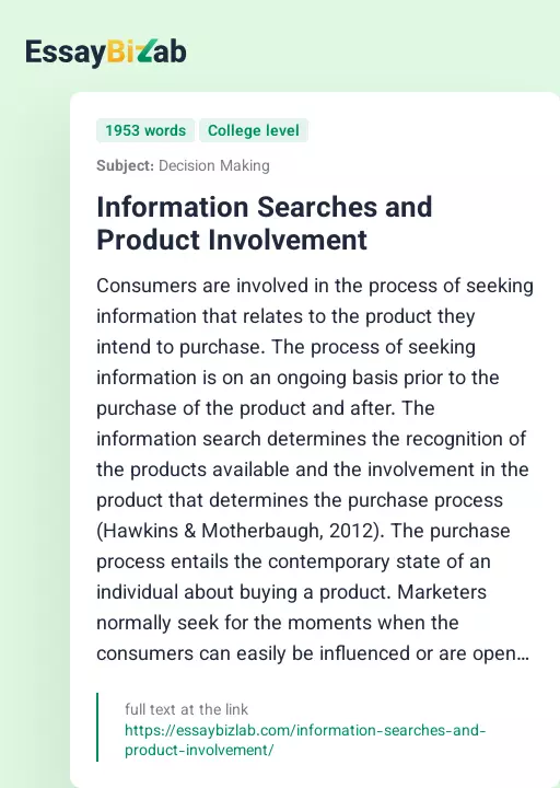 Information Searches and Product Involvement - Essay Preview
