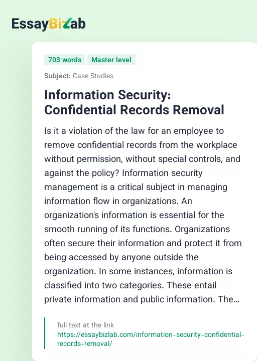 Information Security: Confidential Records Removal - Essay Preview