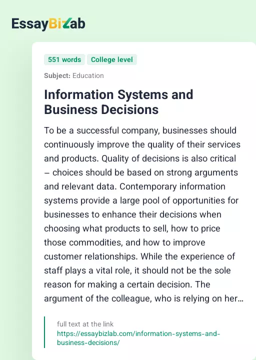 Information Systems and Business Decisions - Essay Preview