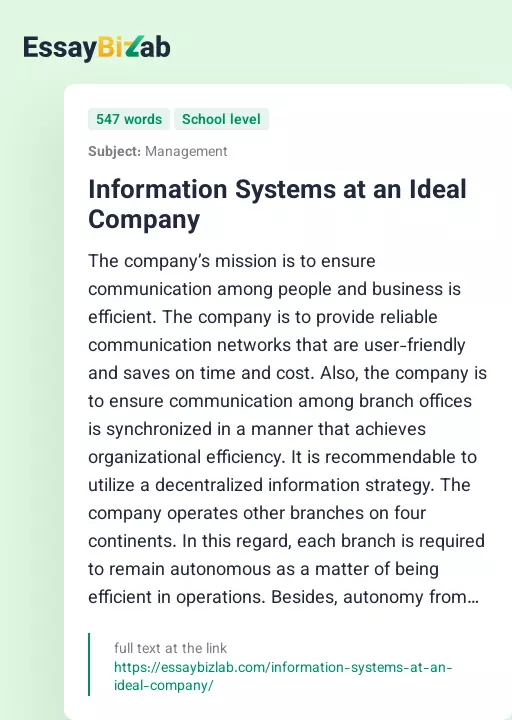 Information Systems at an Ideal Company - Essay Preview