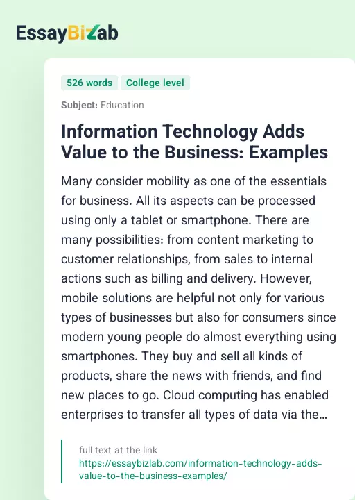 Information Technology Adds Value to the Business: Examples - Essay Preview