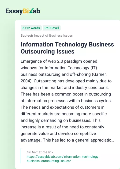 Information Technology Business Outsourcing Issues - Essay Preview