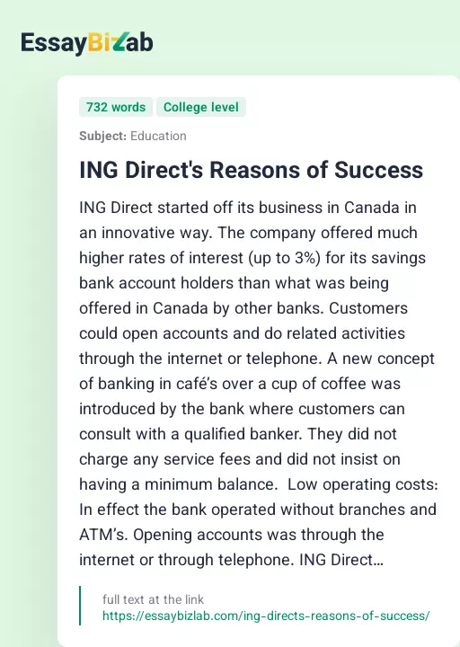 ING Direct's Reasons of Success - Essay Preview