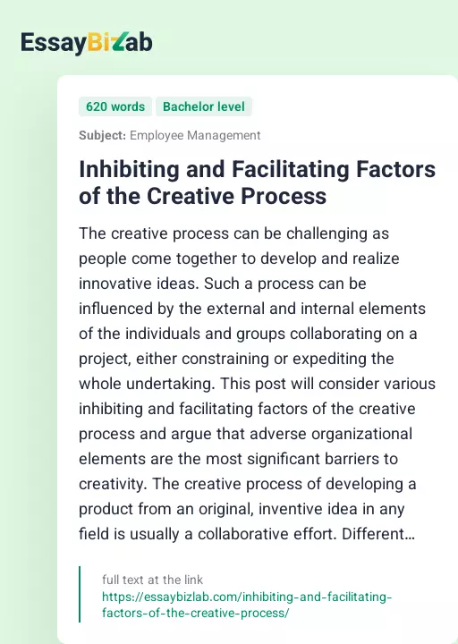 Inhibiting and Facilitating Factors of the Creative Process - Essay Preview