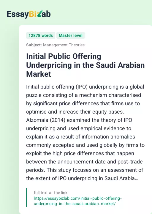 Initial Public Offering Underpricing in the Saudi Arabian Market - Essay Preview