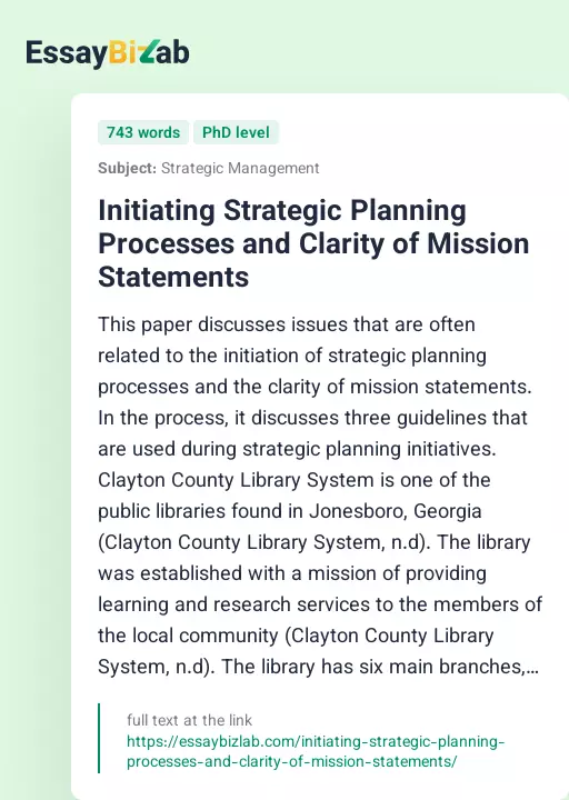 Initiating Strategic Planning Processes and Clarity of Mission Statements - Essay Preview