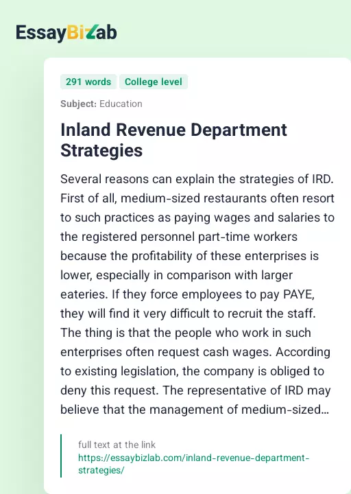 Inland Revenue Department Strategies - Essay Preview