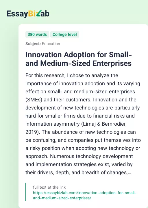 Innovation Adoption for Small- and Medium-Sized Enterprises - Essay Preview