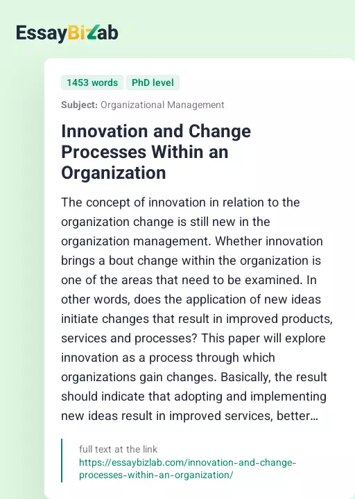 Innovation and Change Processes Within an Organization - Essay Preview