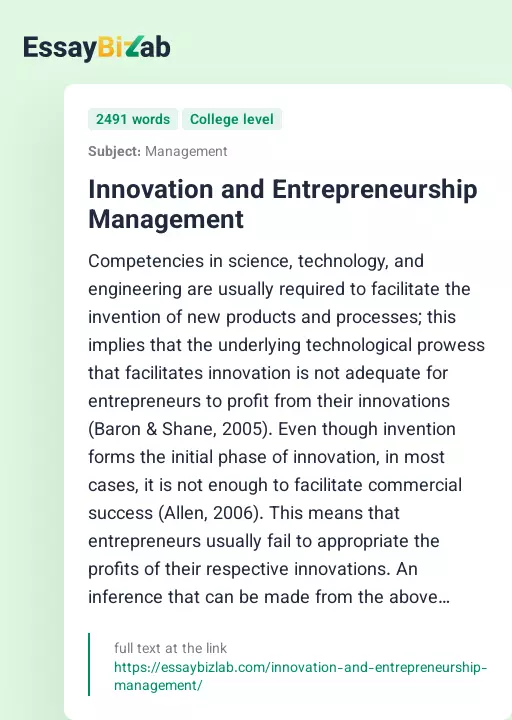 Innovation and Entrepreneurship Management - Essay Preview
