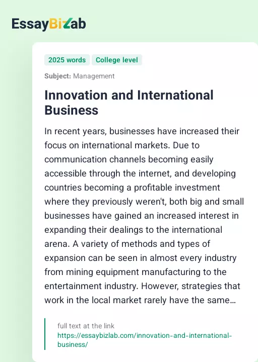 Innovation and International Business - Essay Preview