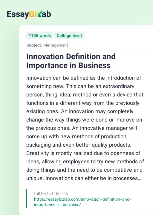 Innovation Definition and Importance in Business - Essay Preview