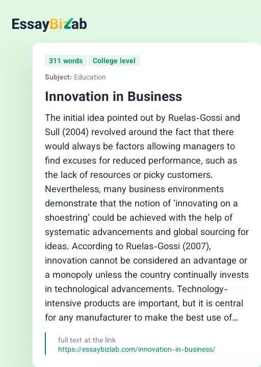 Innovation in Business - Essay Preview