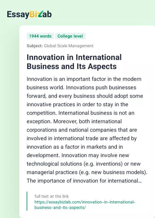 Innovation in International Business and Its Aspects - Essay Preview